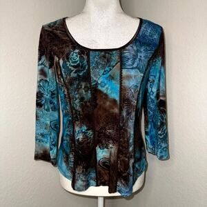 Vintage Y2K Blouse Top Women's Brown Blue Fairy Boho Lace Trim Medium Cottage